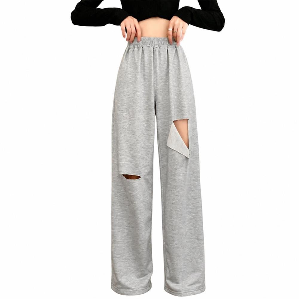 スウェットパンツ レディース ワイドパンツ ダメージ加工 ハイウエスト ストレート イージーパンツ ゆったり 体型カバー ロングパンツ スポーツ ダンス衣装 部屋着 カジュアル さらさら 着痩せ 通学｜Clover Rainbow