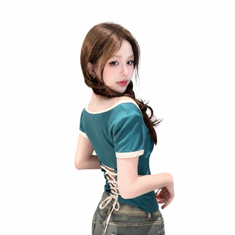 半袖 tシャツ レディース 夏服 クロップド丈 トップス バックシャン レースアップ デザインカットソー スリム フィット インナー ギャル系 お洒落 カジュアル 通勤 通学|Clover Rainbow
