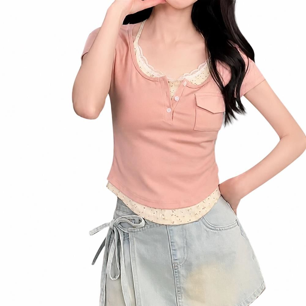 重ね着風Tシャツ レイヤード風 カットソー レース チビT ショート丈 レディース 半袖 トップス リブ ヘンリーネック フロントボタン 細見え 着痩せ タイト スリム｜Clover Rainbow