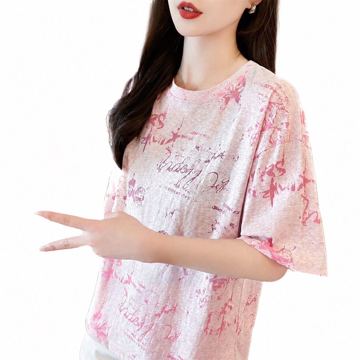 半袖Tシャツ レディース トップス グラフィック柄 オーバーサイズ 落書き風 柔らか素材 ゆったり クルーネック 夏服 カジュアル|Clover Rainbow