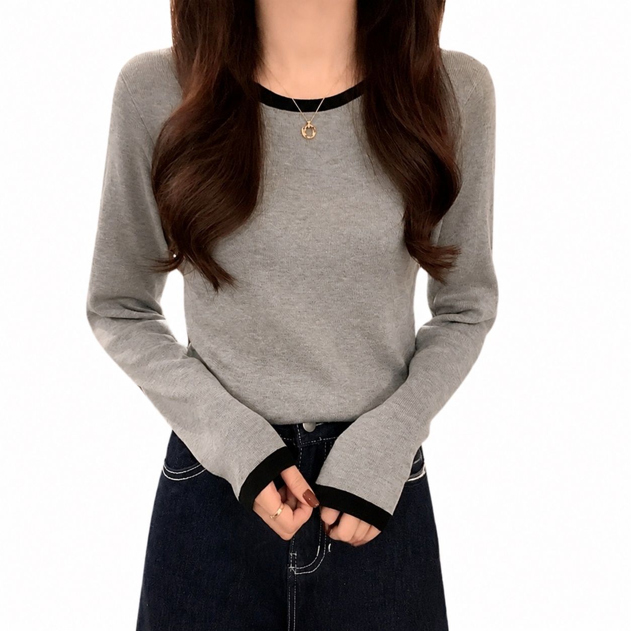 長袖 Tシャツ レディース トップス カットソー バイカラー 配色 クルーネック 丸首 セットインスリーブ きれいめ カジュアル 秋服 春服 インナー 細見え ストレッチ 柔らかい 伸縮性 通勤 通学|Clover Rainbow