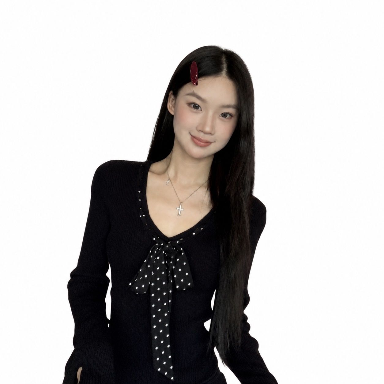 長袖tシャツ レディース カットソー ドット柄 リボン付き フレンチレトロ スリム vネック インナー トップス 秋服 カジュアル 着痩せ おしゃれ 体型カバー 柔らかい 伸縮性 通学 通勤 デート｜Clover Rainbow
