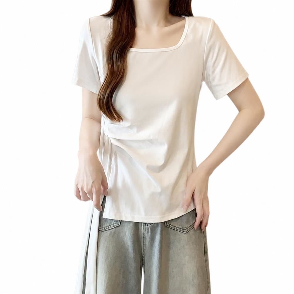 レディース tシャツ 半袖 カットソー スクエアネック ゆったり 体型カバー トップス ギャザー リボン付き 着痩せ 大きいサイズ 無地 カジュアル 快適 きれいめ 通学 通勤 日常着 夏物 おしゃれ|Clover Rainbow