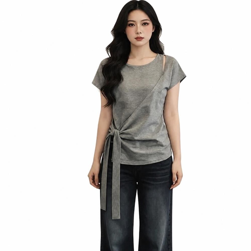カットソー レディース 半袖 Tシャツ アシンメトリー 肩デザイン ウエストリボン トップス ゆったり 体型カバー 着痩せ きれいめ カジュアル|Clover Rainbow
