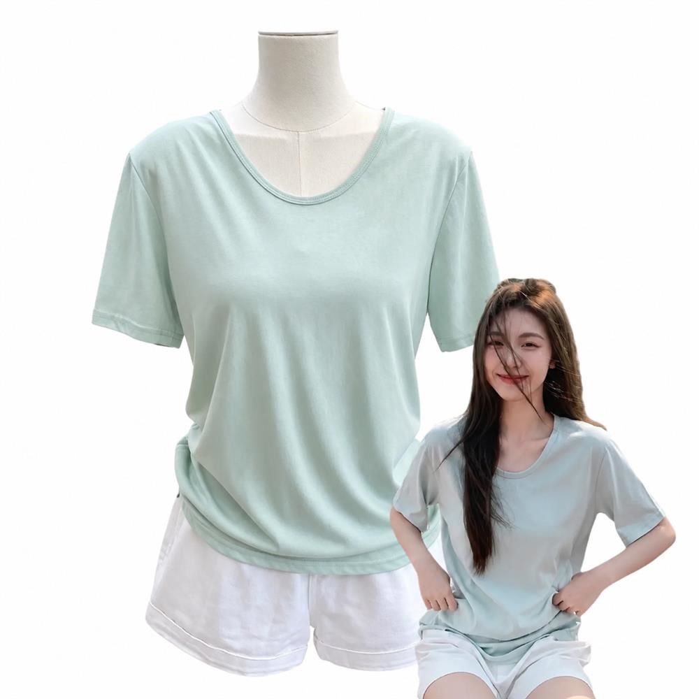 Tシャツ レディース 半袖 カットソー Uネック ゆったり トップス 無地 柔らかい 綿混 インナー カジュアル シンプル 夏服 肌触り良い 体型カバー|Clover Rainbow
