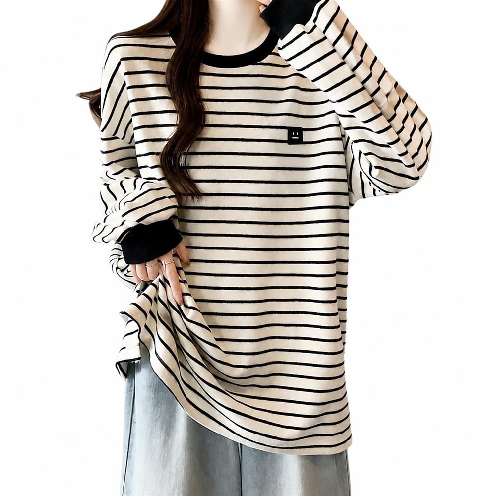 ボーダー Tシャツ レディース 長袖 カットソー ゆったり ロンT オーバーサイズ トップス クルーネック カジュアル 春 秋 冬 体型カバー プルオーバー おしゃれ 可愛い ワンポイント 丸首 通学|Clover Rainbow
