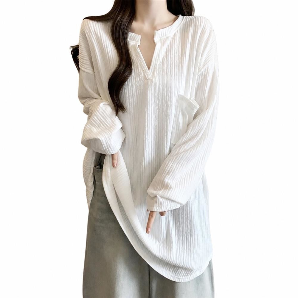 長袖 tシャツ レディース カットソー プルオーバー ゆったり 体型カバー vネック ポケット付き トップス チュニック ロンt 凹凸 クレープ素材 カジュアル 着痩せ 無地 シンプル きれいめ 大き|Clover Rainbow