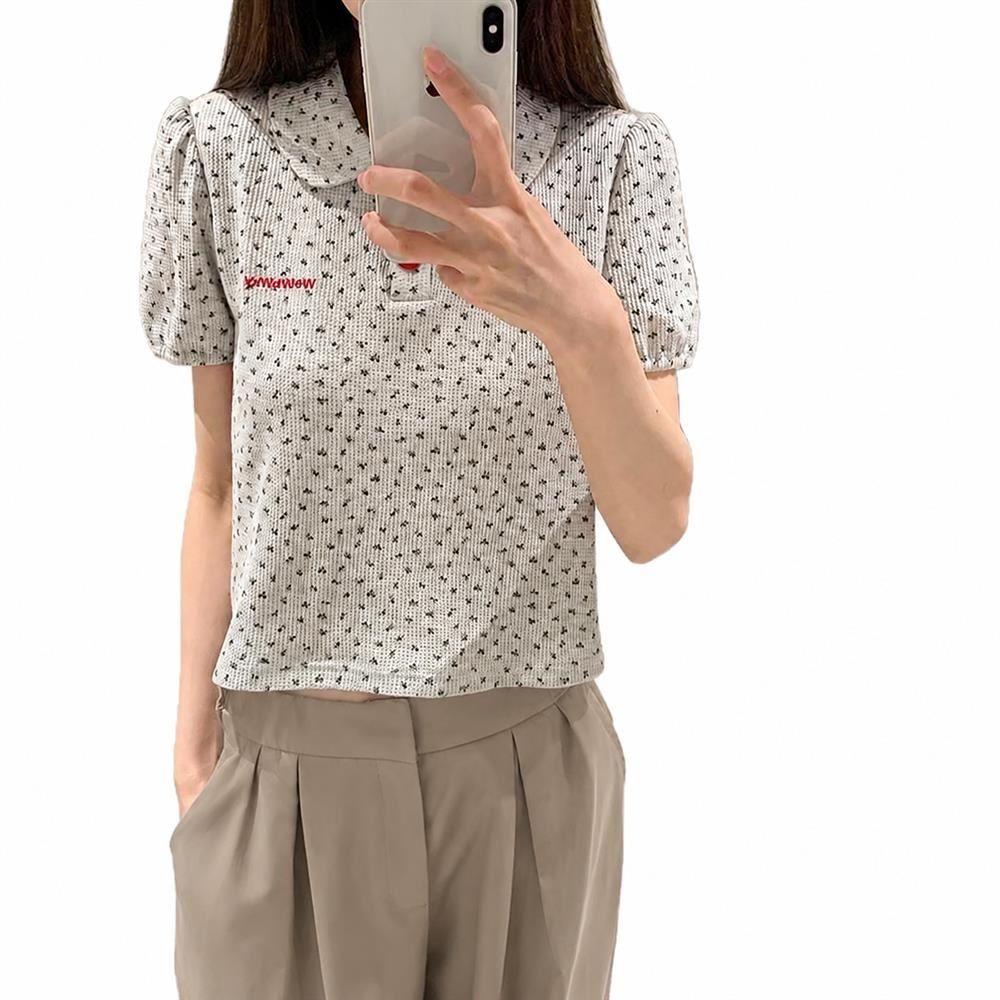 丸襟 Tシャツ レディース 半袖 ワッフル 小花柄 トップス カットソー ボリュームスリーブ ハーフボタン 大人可愛い 体型カバー レトロ 春 夏｜Clover Rainbow