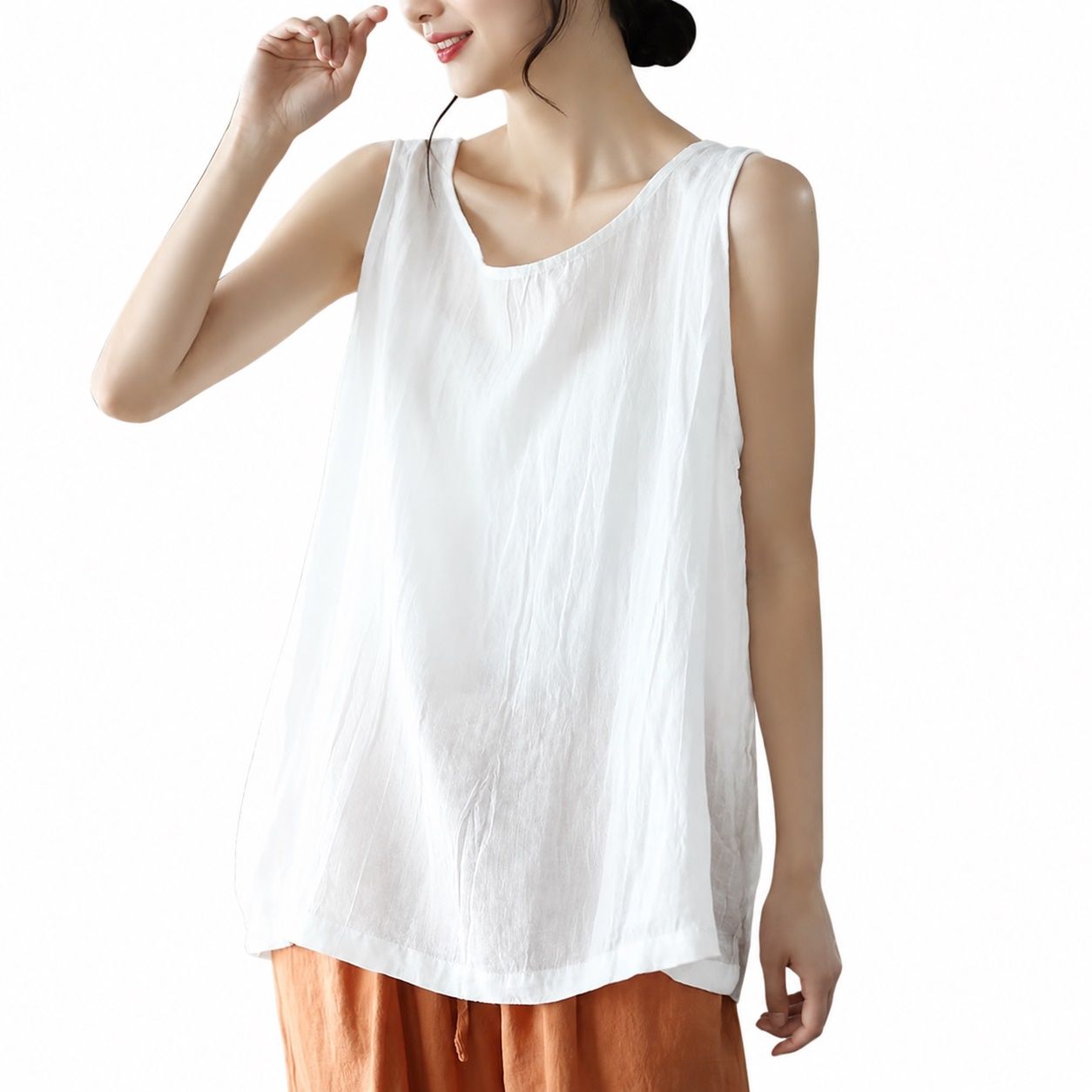綿麻ノースリーブ トップス レディース ゆったり タンクトップ 体型カバー シンプル カジュアル 大人可愛い 夏服 無地 ベスト ラウンドネック 通気性 柔らかい 部屋着｜Clover Rainbow