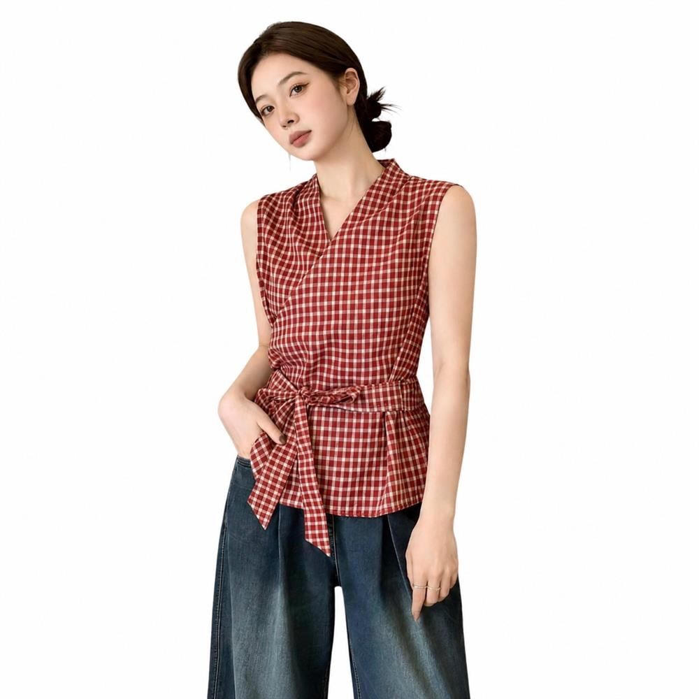 ブラウス ノースリーブ レディース ギンガムチェック カシュクール Vネック ウエストマーク リボン トップス 夏 涼しい 薄手 体型カバー 着痩せ 大人可愛い カジュアル｜Clover Rainbow