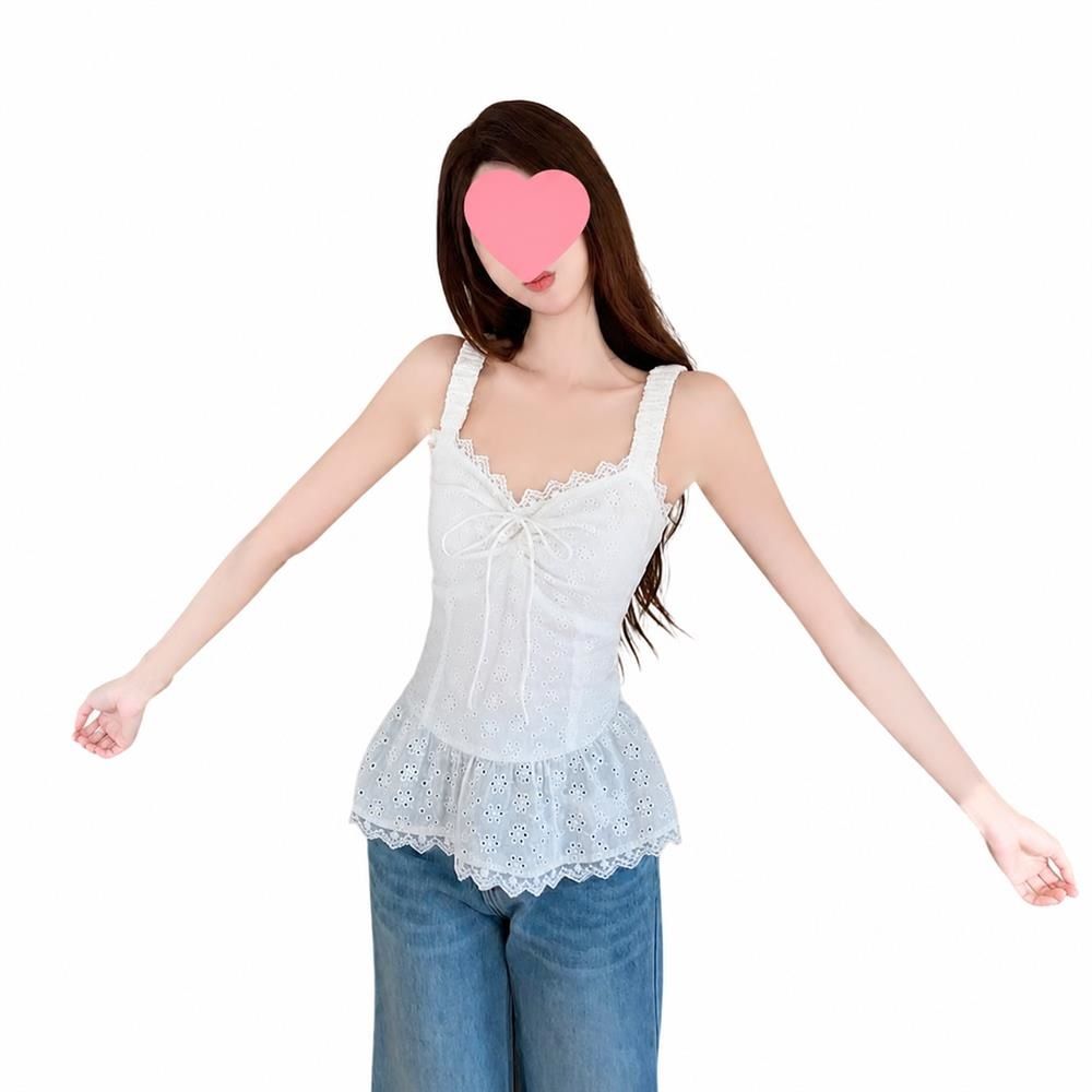 キャミソール レース トップス レディース ペプラム ビスチェ 大人可愛い ノースリーブ ギャザー リボン コットン混 体型カバー 夏服｜Clover Rainbow