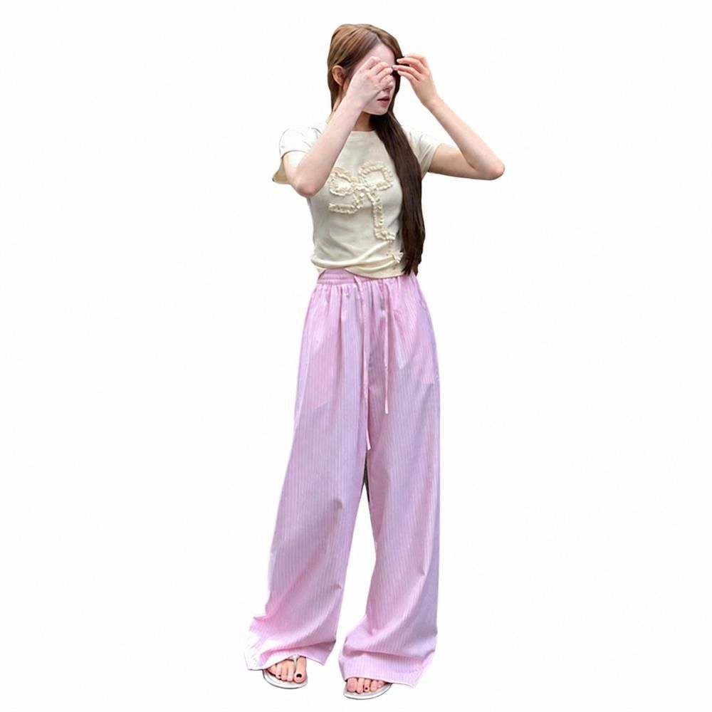 ワイドパンツ レディース ストレート ストライプ柄 ウエストゴム ゆったり 部屋着 縦縞 リラックス 薄手 さらさら ボトムス ドロスト 脚長 体型カバー ルームウェア ポケット付き｜Clover Rainbow