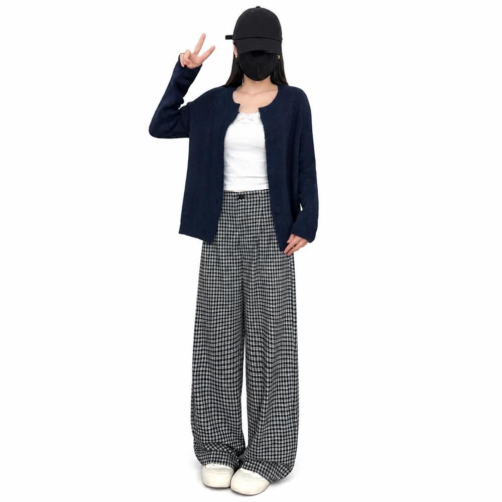 ワイドパンツ レディース チェック柄 ロングパンツ 脚長効果 ハイウエスト ストレート ゆったり ズボン ボトムス レトロ カジュアル ストリート系 体型カバー 春 夏 秋 普段着 部屋着 通学|Clover Rainbow
