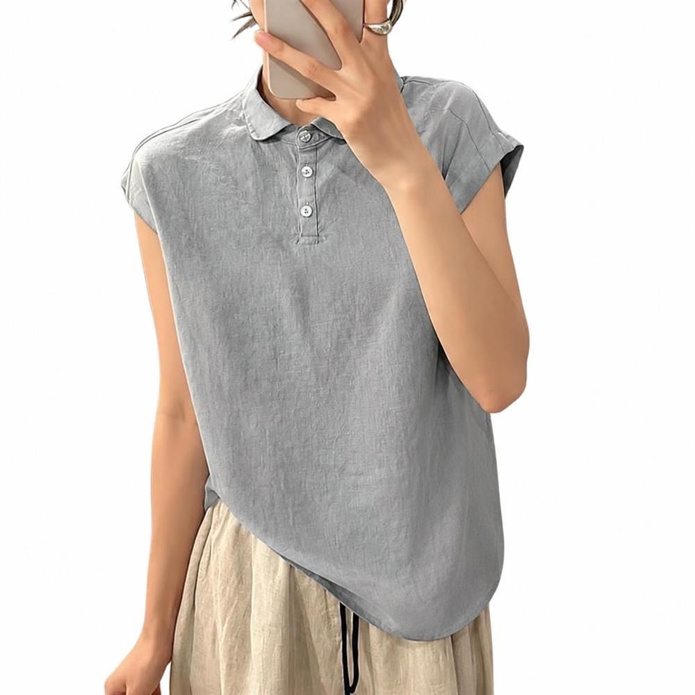 リネンシャツ レディース ブラウス 夏 襟付き 綿麻 ノースリーブ トップス ゆったり 体型カバー カジュアル ポロ襟 きれいめ 通勤｜Clover Rainbow 9,540円