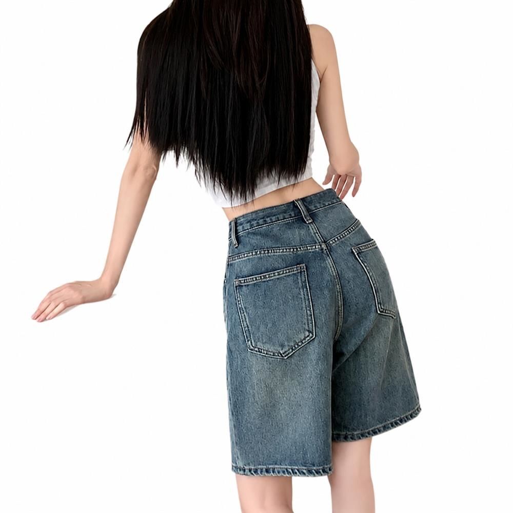 カジュアルデニムハーフパンツ ハイウエスト五分丈ワイドゆったりシルエット 体型カバー脚長美脚レディースジーンズショートパンツ|Clover Rainbow