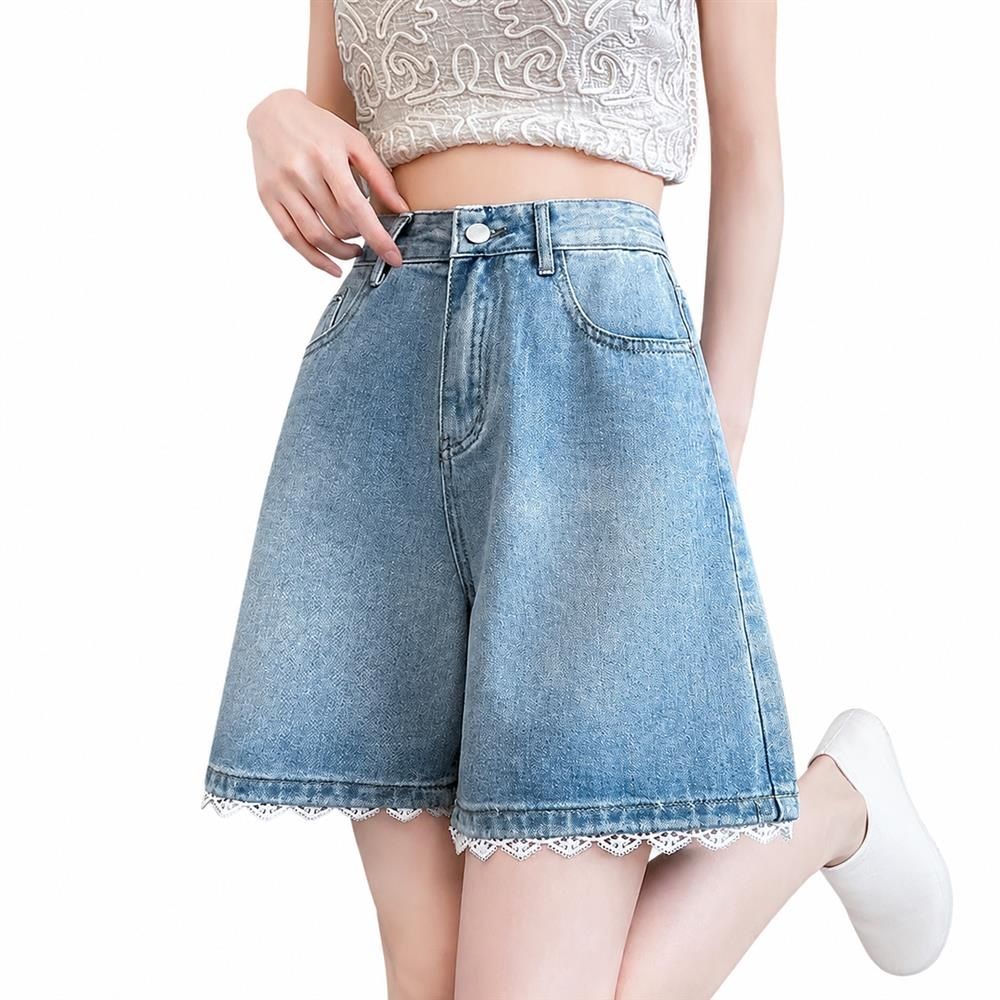 デニムハーフパンツ レディース ハイウエスト ショートパンツ 裾レース フリル ジーンズ ジーパン 短パン 五分丈 ボトムス ゆったり 薄手 美脚 脚長 体型カバー カジュアル ガーリー 可愛い 夏|Clover Rainbow