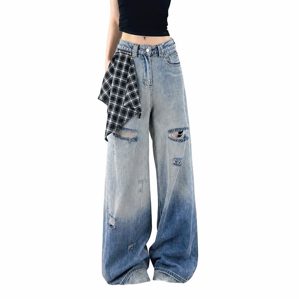デニムパンツ レディース ジーンズ ワイドパンツ ハイウエスト ダメージジーンズ クラッシュ ゆったり ジーパン ストレート ロングパンツ 体型カバー 脚長効果 カジュアル ボトムス おしゃれ|Clover Rainbow