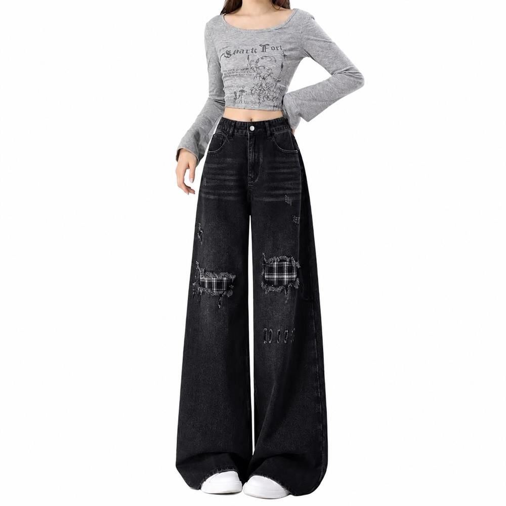 デニムパンツ レディース ワイドパンツ ダメージジーンズ クラッシュ チェック柄 パッチワーク ハイウエスト ゆったり ストリート系 大きいサイズ 体型カバー 美脚効果 カジュアル ジーパン 普段着|Clover Rainbow