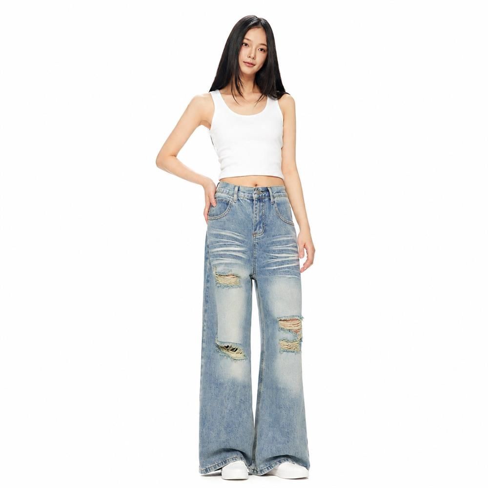 ワイドパンツ ジーンズ レディース ハイウエスト ダメージ デニムパンツ クラッシュ ジーパン バギーパンツ ウォッシュ加工 ストリート ゆったり 美脚 脚長効果 体型カバー｜Clover Rainbow
