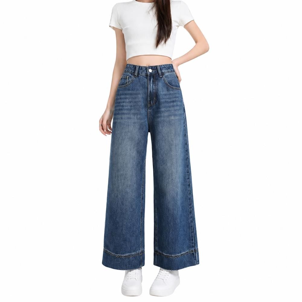 レディース ハイウエストロング丈ワイドストレートデニムパンツ テンセル配合柔らか生地 ゆったりシルエット 美脚・脚長効果・体型カバー きれいめカジュアル 春夏秋 3 シーズンボトムス|Clover Rainbow