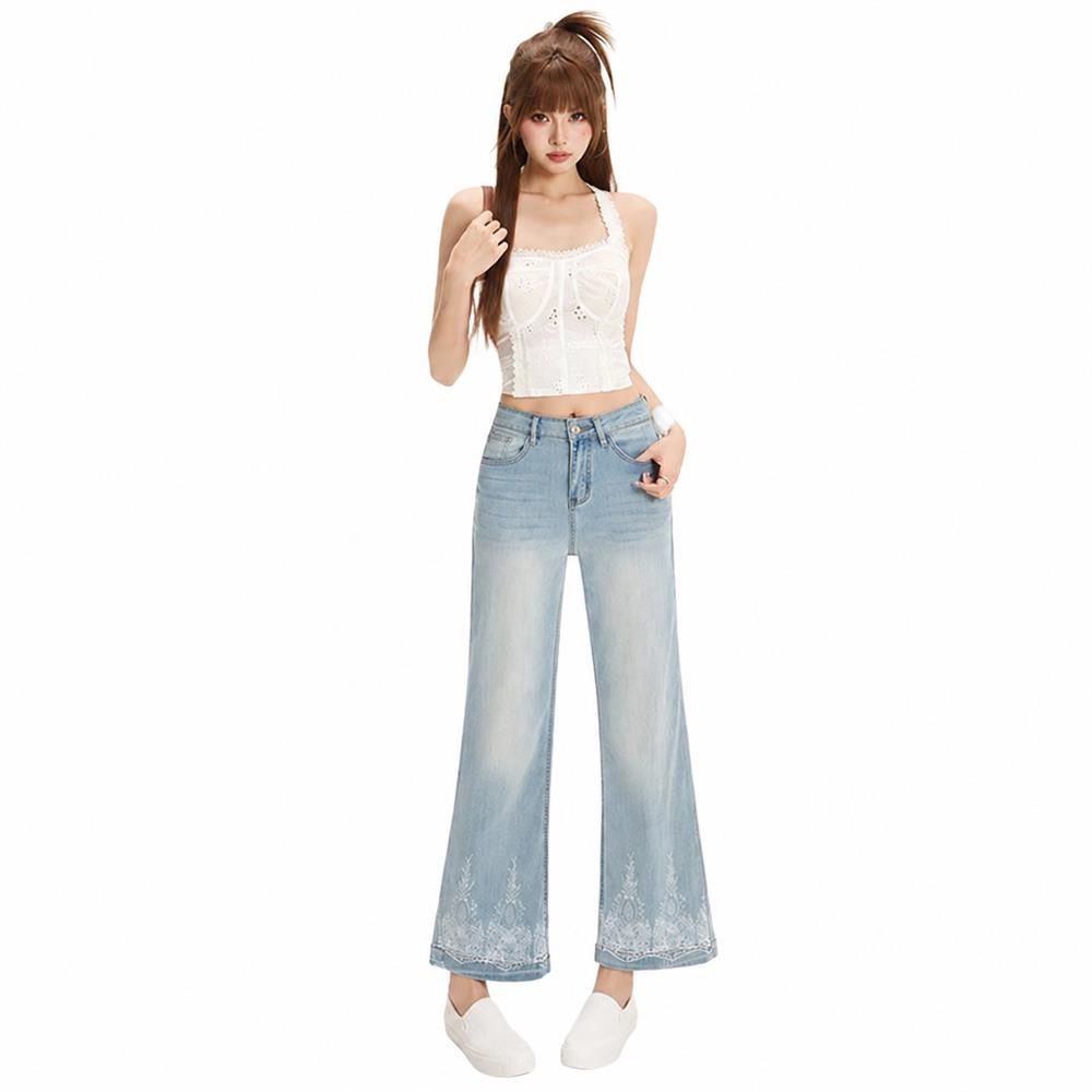 デニムパンツ レディース ジーンズ ブーツカット ジーパン ハイウエスト 九分丈 美脚 体型カバー ベルボトム レトロ カジュアル｜Clover Rainbow