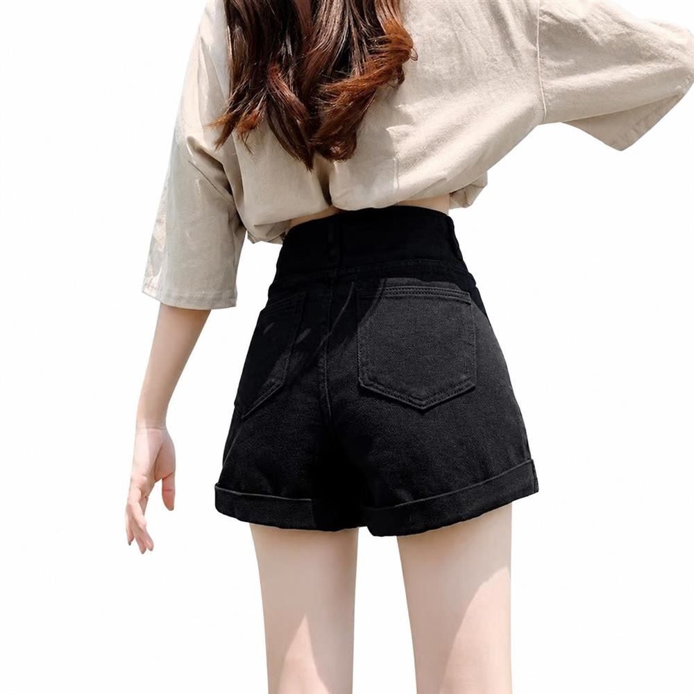 ハイウエストロールアップストレッチデニムショートパンツ 春夏着痩せ美脚脚長レディース｜Clover Rainbow