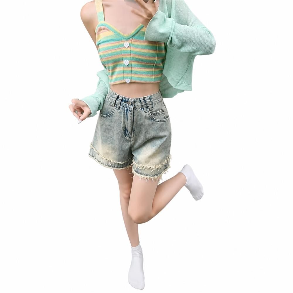 夏服ダメージフリンジカットオフデニム短パン ハイウエストゆったりシルエット 着痩せ美脚レディースジーンズショートパンツ|Clover Rainbow