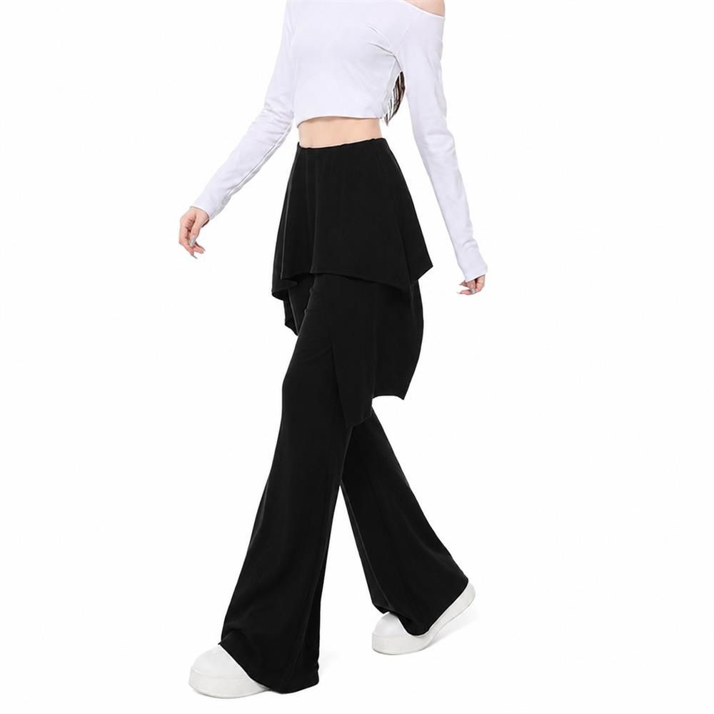 スカート付きパンツ レディース ブーツカット レイヤード風 ハイウエスト ウエストゴム 伸縮 ストレッチ 脚長 着痩せ 体型カバー お尻隠し ベルボトム ダンス衣装 ロングパンツ｜Clover Rainbow 13,808円