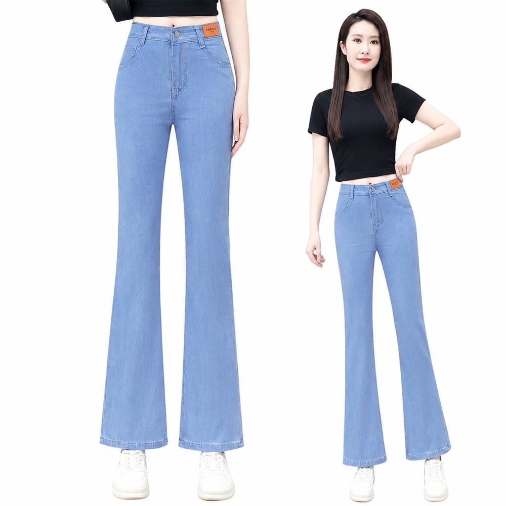 ハイウエスト セミフレア ジーンズ テンセル 接触冷感 薄手 美脚 着痩せ カジュアル ロングパンツ 夏用｜Clover Rainbow