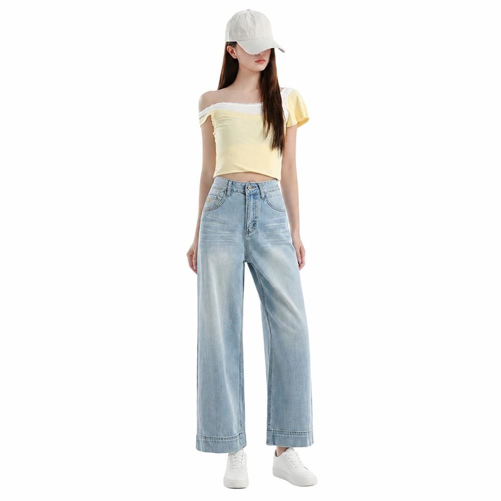 テンセルデニム レディース ワイドパンツ ハイウエスト ストレート デニム パンツ とろみ ジーンズ ジーパン 涼しい 薄手 接触冷感 ゆったり アンクル丈 体型カバー 美脚 カジュアル 普段着 夏｜Clover Rainbow