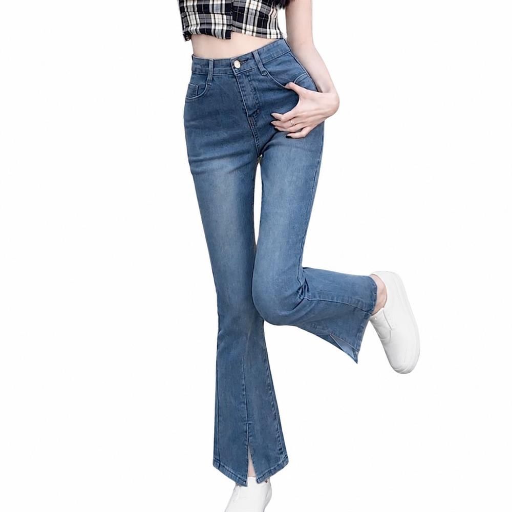 ジーンズ レディース デニムパンツ セミフレア ブーツカット ストレッチ スリット 九分丈 美脚 着痩せ ハイウエスト ジーパン 細見え カジュアル 通学 デート｜Clover Rainbow