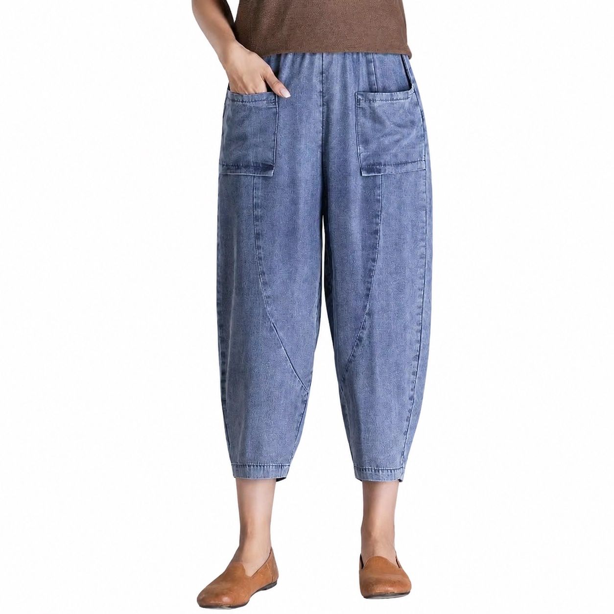 デニムパンツ レディース サルエルパンツ ジーンズ テンセル 薄手 ゆったり 体型カバー ウエストゴム クロップド テーパード カジュアル 春 夏 九分丈 柔らかい｜Clover Rainbow