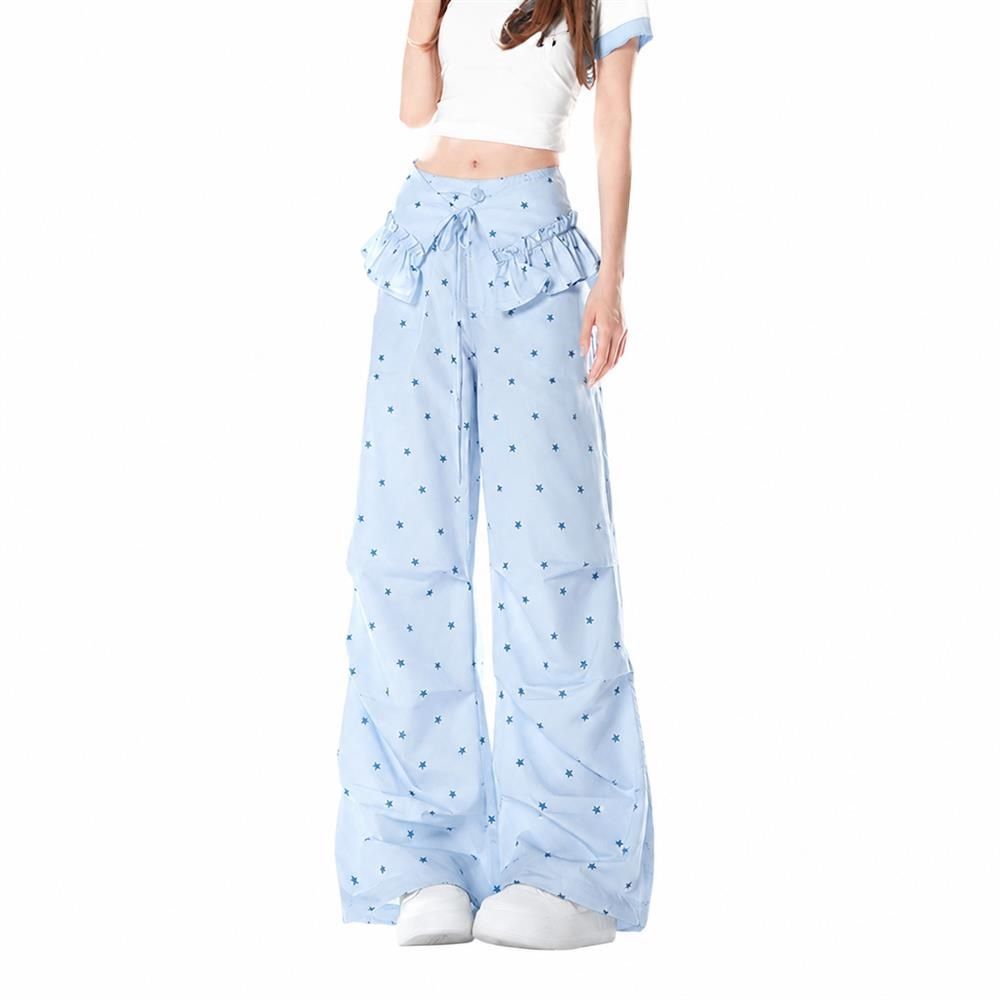 ワイドパンツ レディース 星柄 カジュアルパンツ フリルウエスト ドローストリング 落ち感 とろみ ゆったり 体型カバー ボトムス 春夏秋|Clover Rainbow