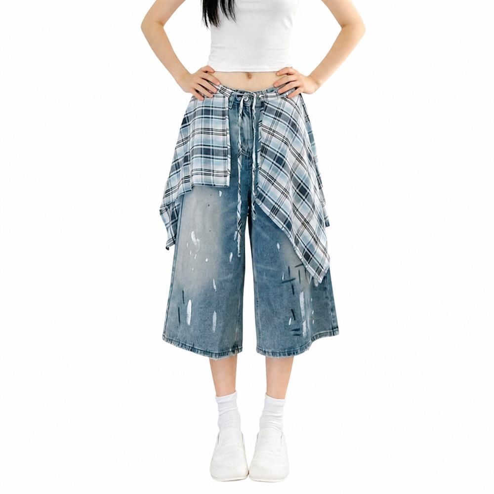 デニム 七分丈 ワイドパンツ 腰巻き風 チェック柄 アメカジ ストリート系 ゆったり 大きいサイズ 体型カバー｜Clover Rainbow