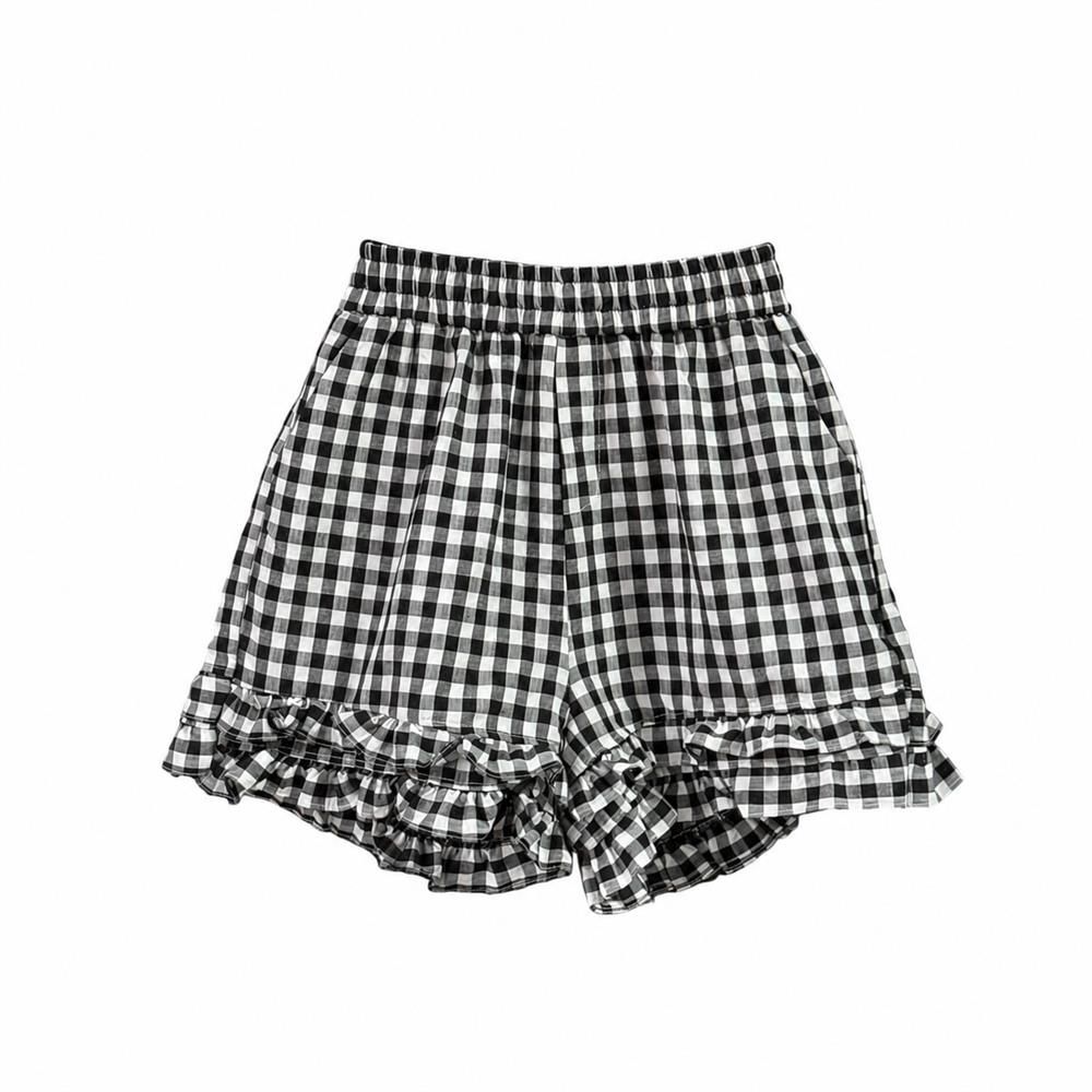 ショートパンツ レディース ギンガムチェック 裾フリル ハイウエスト ウエストゴム ゆったり 体型カバー 大人可愛い カジュアル 涼しい|Clover Rainbow