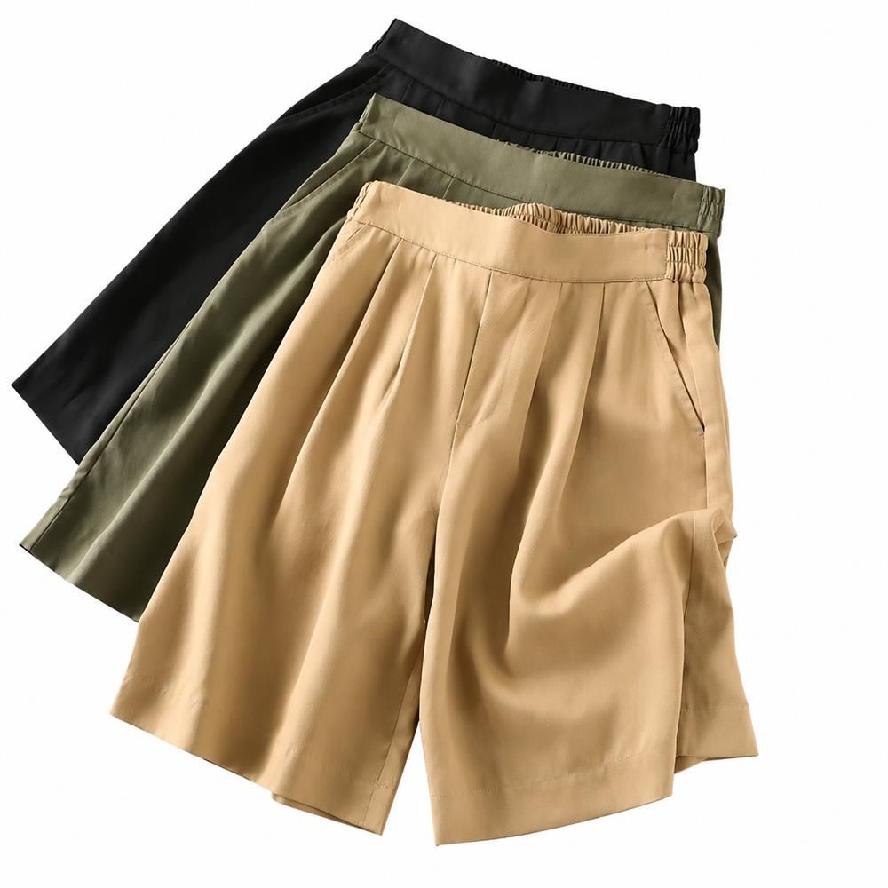ハーフパンツ レディース ショートパンツ ワイドパンツ 夏 タック入り ハイウエスト キュロット 五分丈 ボ ウエストゴム とろみ ひざ丈 接触冷感 薄手 涼しい 着痩せ 体型カバー キレイめ カジュ|Clover Rainbow