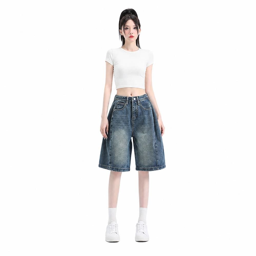 デニムハーフパンツ レディース 5分丈 ハイウエスト ワイドパンツ ショートパンツ ジーンズ ゆったり 体型カバー レトロ 着痩せ 夏|Clover Rainbow