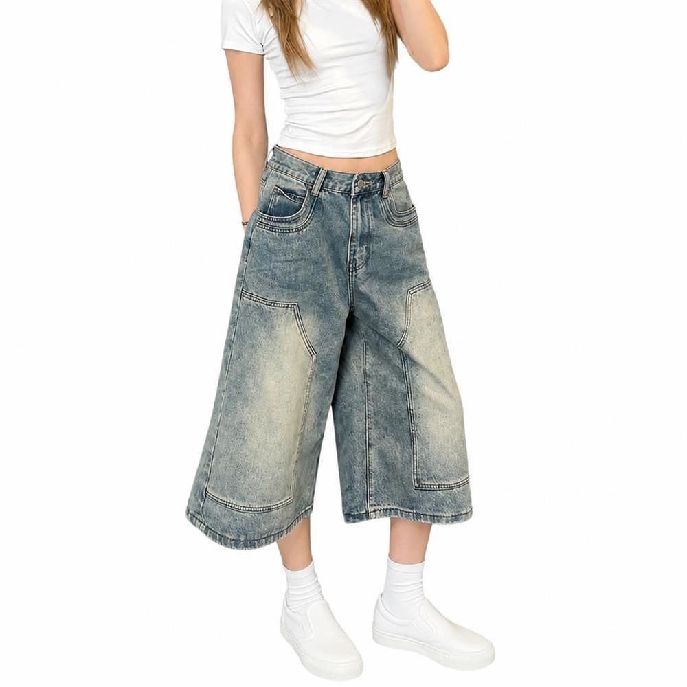 デニムハーフパンツ レディース クロップドパンツ ワイドパンツ ジーンズ ジーパン 7分丈 バギーショーツ ゆったり ハイウエスト ヴィンテージ風 ウォッシュ加工 アメカジ ストリート カジュアル 美|Clover Rainbow