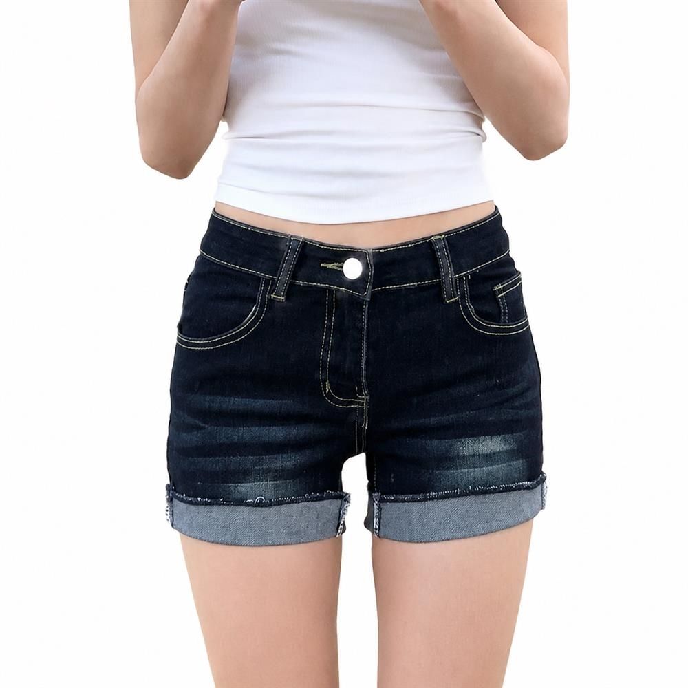 デニムショートパンツ レディース ハイウエスト ロールアップ ショートデニム ジーンズ ストレッチ ミニ丈 脚長 美脚 ボ カジュアル ストリート|Clover Rainbow