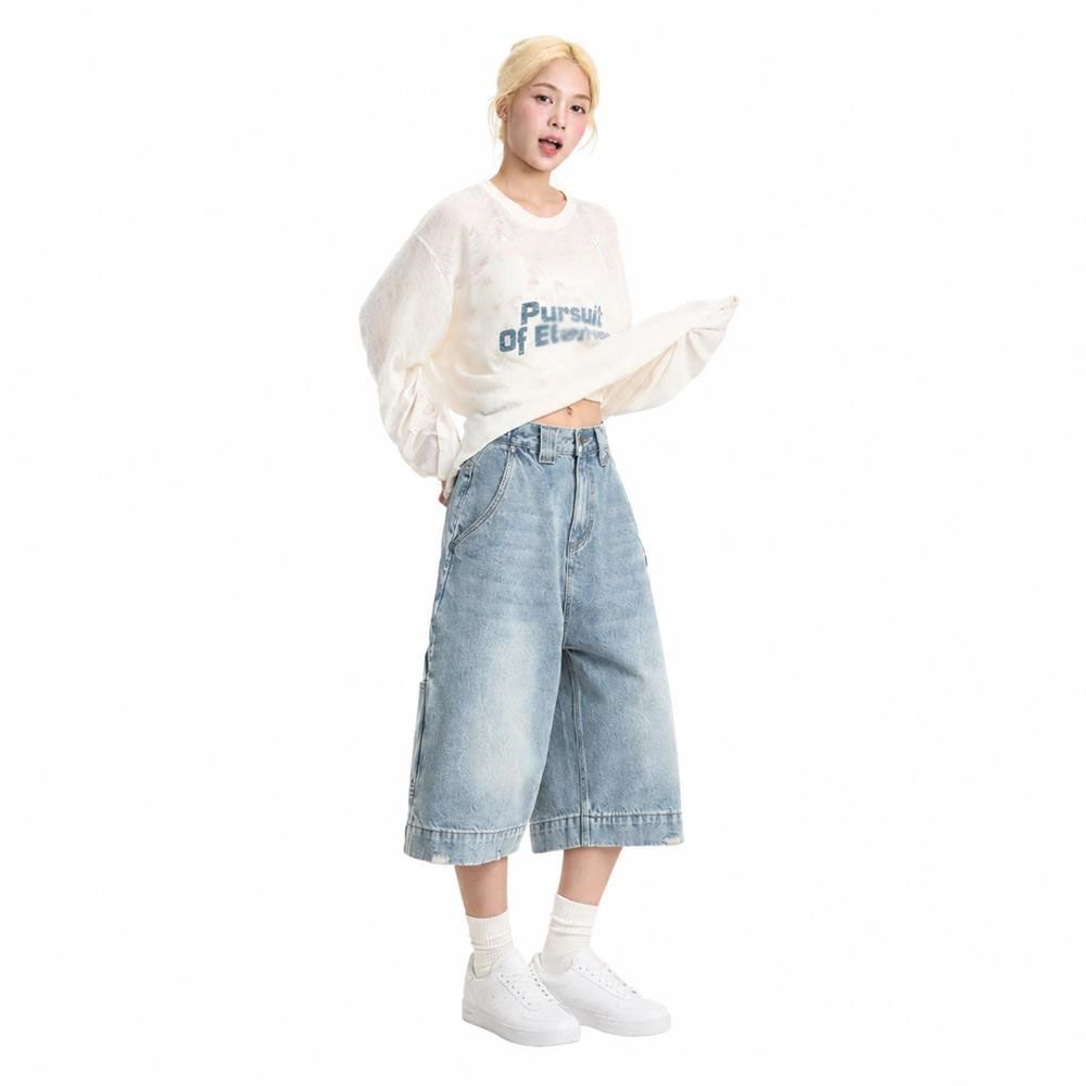 デニムパンツ レディース ハーフパンツ デニム ジーンズ ジーパン 半ズボン 五分丈 七分丈 膝丈 膝下 ワイド ゆったり ルーズ ストレート カジュアル 美脚 体型カバー ヴィンテージ風 ウォッシュ|Clover Rainbow