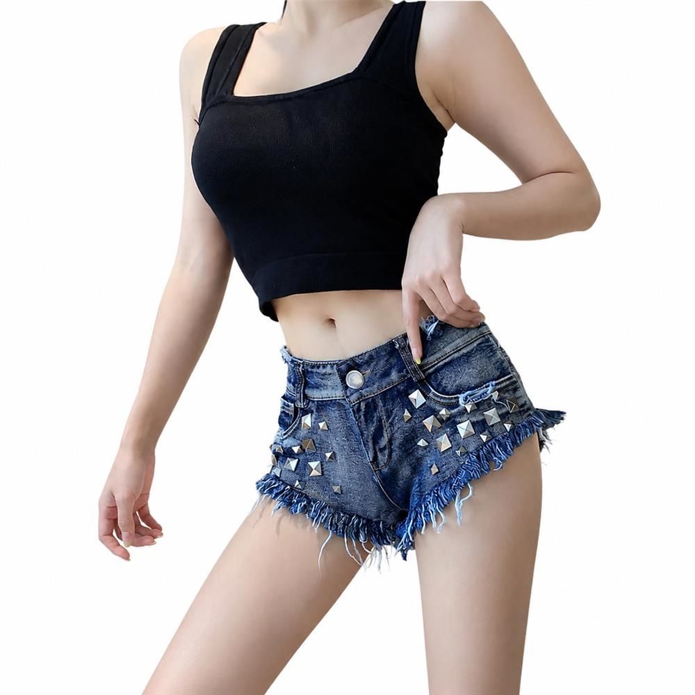 デニムショートパンツ レディース ホットパンツ セクシー ローライズ スタッズ ダメージ カットオフ フリンジ 脚長 美脚 クラブ ギャル ミニ丈｜Clover Rainbow
