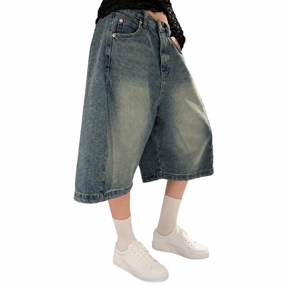 デニムハーフパンツ レディース ワイド ショートパンツ ヴィンテージ風 五分丈 ハイウエスト ジーンズ ルーズ 体型カバー ストリート系 メンズライク ゆったり カジュアル 着痩せ ボ｜Clover Rainbow