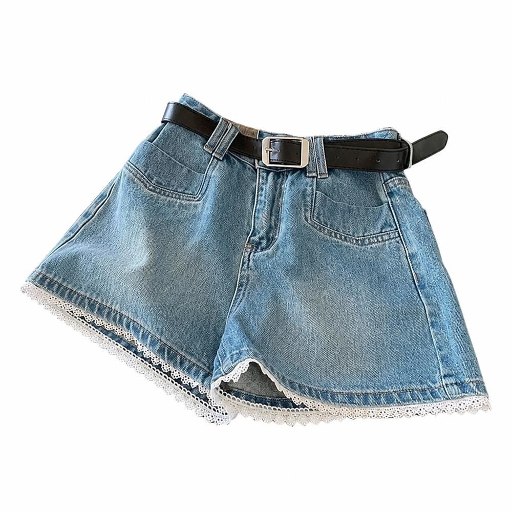 デニムショートパンツ レディース 裾レース ハイウエスト Aライン ワイド 短パン ジーンズ 美脚 脚長 体型カバー カジュアル 大人可愛い ボ｜Clover Rainbow