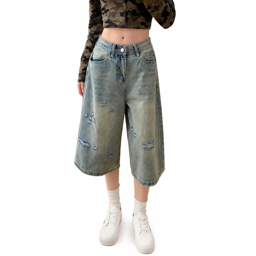 ハーフパンツ レディース デニムパンツ ガウチョパンツ ダメージ ジーンズ 七分丈 クロップドパンツ ワイド ハイウエスト ジーパン ショートパンツ ゆったり 体型カバー 着痩せ カジュアル 通学 春|Clover Rainbow