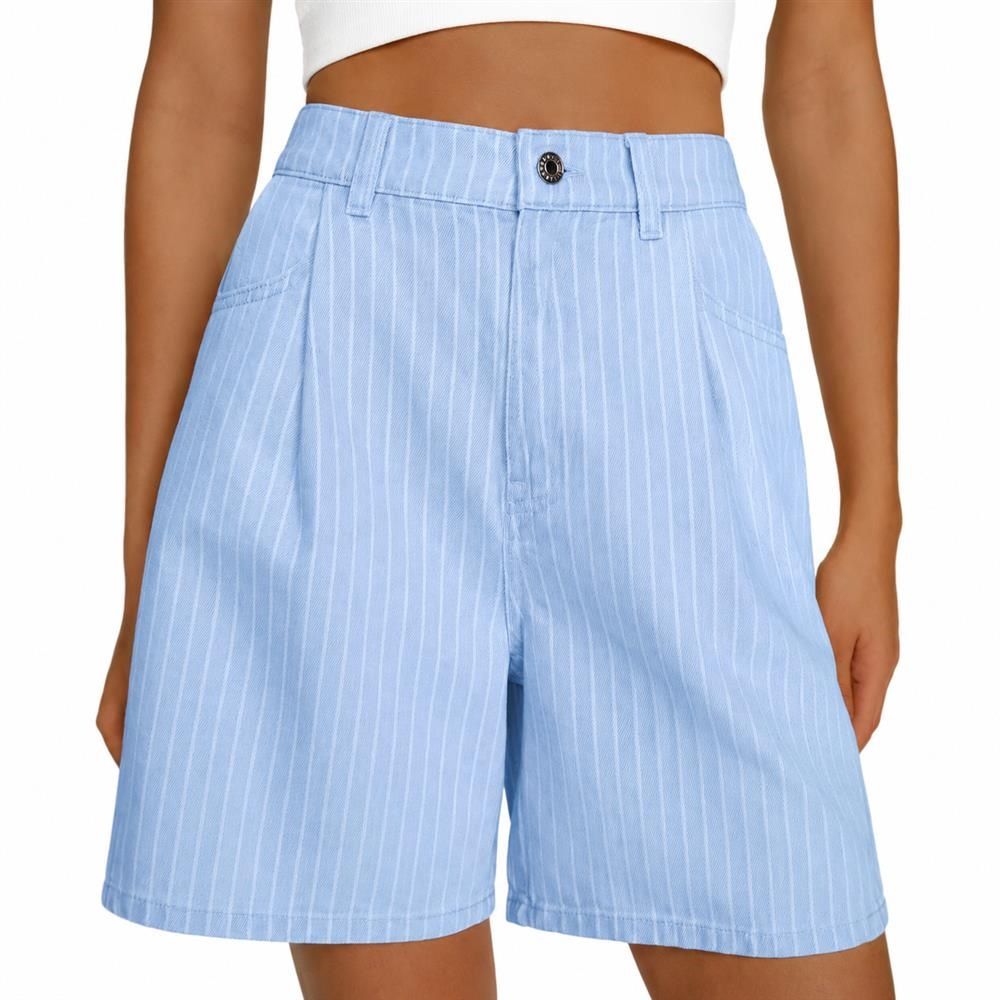 デニムショートパンツ レディース ゆったり ハーフパンツ ストライプ柄 ハイウエスト タック入り 短パン Aライン 体型カバー 着痩せ カジュアル 通気性 旅行|Clover Rainbow