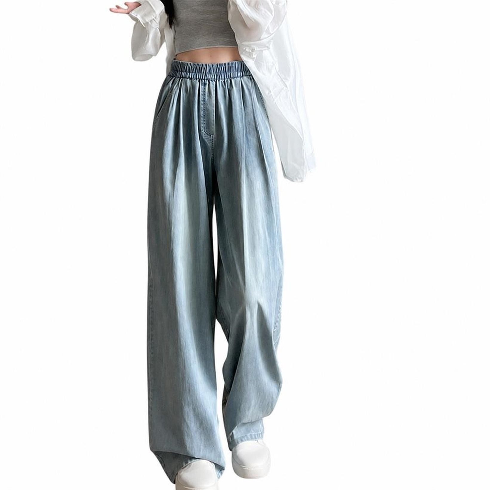 デニム ワイドパンツ レディース ジーンズ テンセル とろみ ジーパン ハイウエスト ウエストゴム タック入り 落ち感 薄手 柔らかい ゆったり 体型カバー モード系 カジュアル ロングパンツ ボトム｜Clover Rainbow