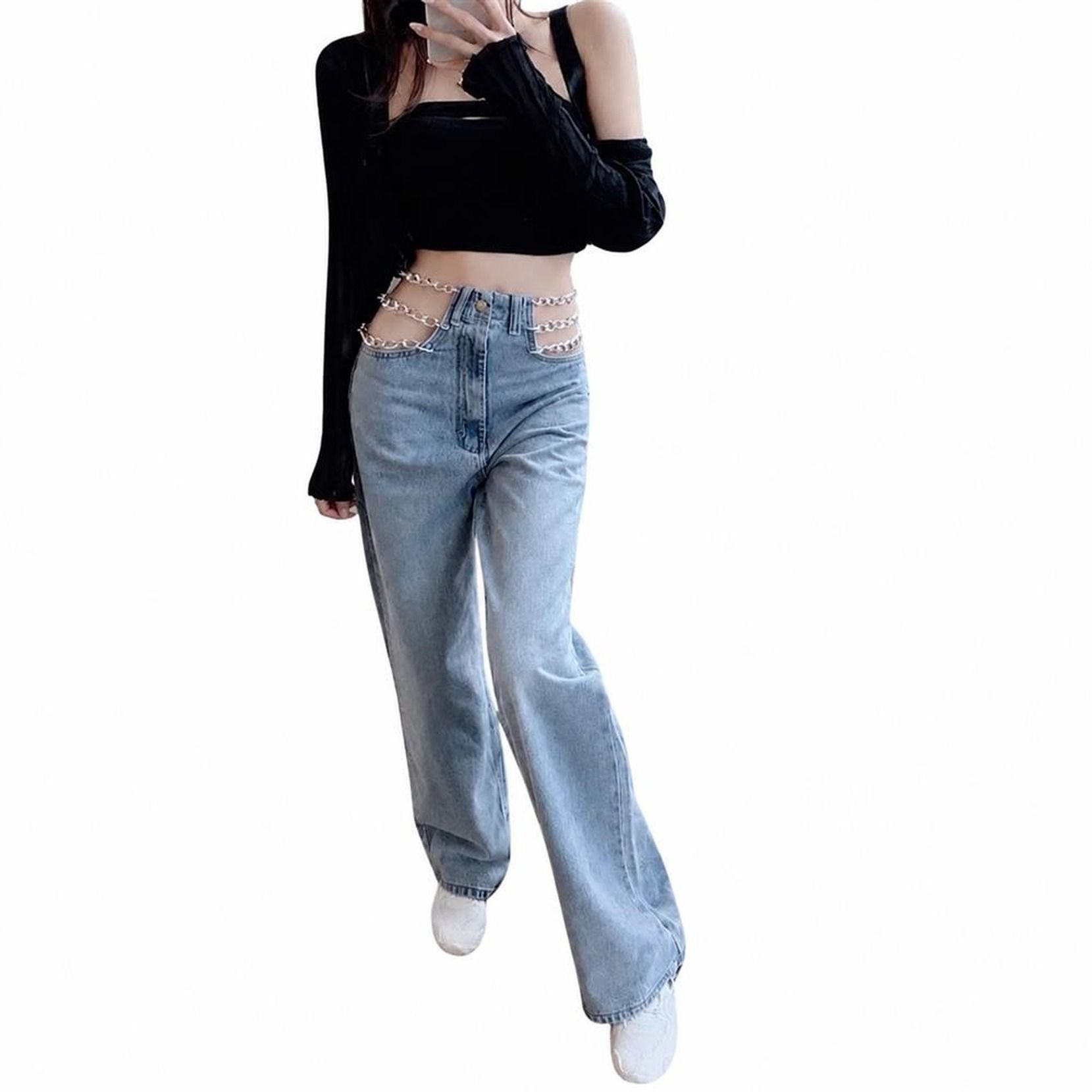 ジーンズ レディース デニムパンツ ハイウエスト ワイドパンツ サイドカット チェーン付き ジーパン ゆったり ストレート ロングパンツ 美脚 着痩せ ボトムス カジュアル ストリート｜Clover Rainbow