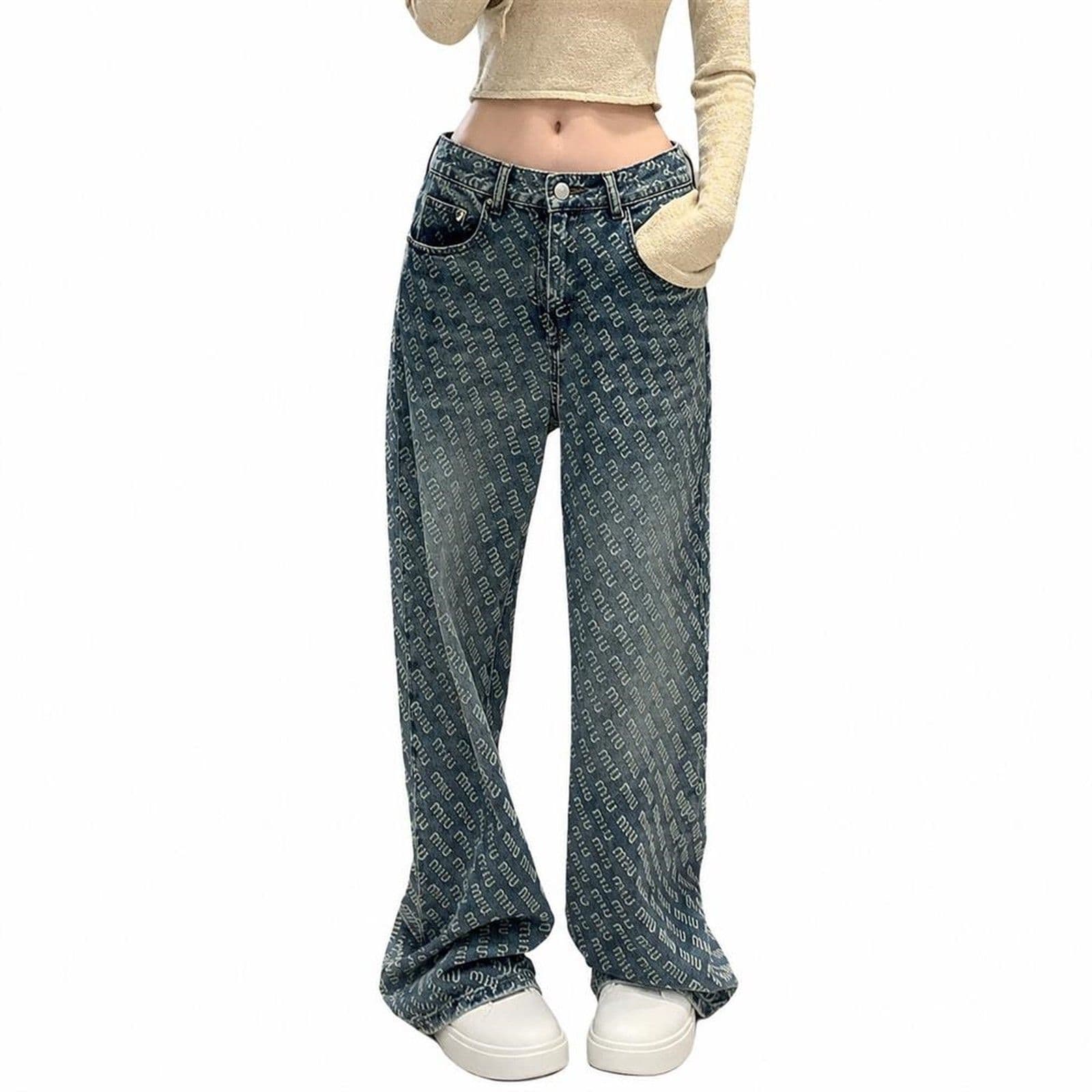 デニムパンツ レディース ジーンズ ワイドパンツ 総柄 ハイウエスト ストレート ジーパン ロングパンツ バギーパンツ 美脚 脚長効果 体型カバー ゆったり カジュアル レトロ ストリート系 ボトムス｜Clover Rainbow