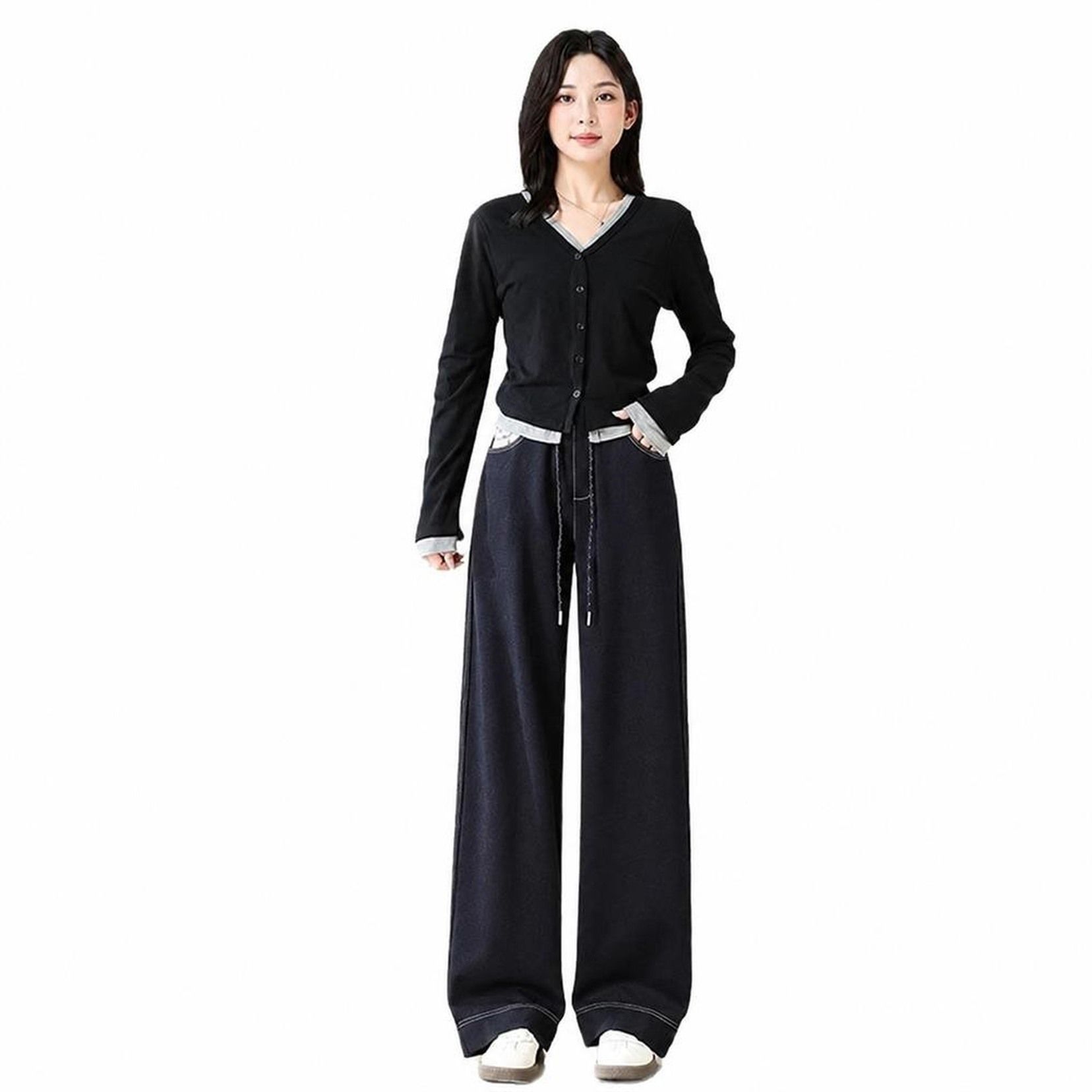 デニムパンツ レディース ワイドパンツ ジーンズ ストレート ハイウエスト ドローストリング ゴム仕様 着痩せ 体型カバー 美脚 脚長 カジュアル ゆったり ロングパンツ 無地 春秋冬 通学 通勤 ジ｜Clover Rainbow