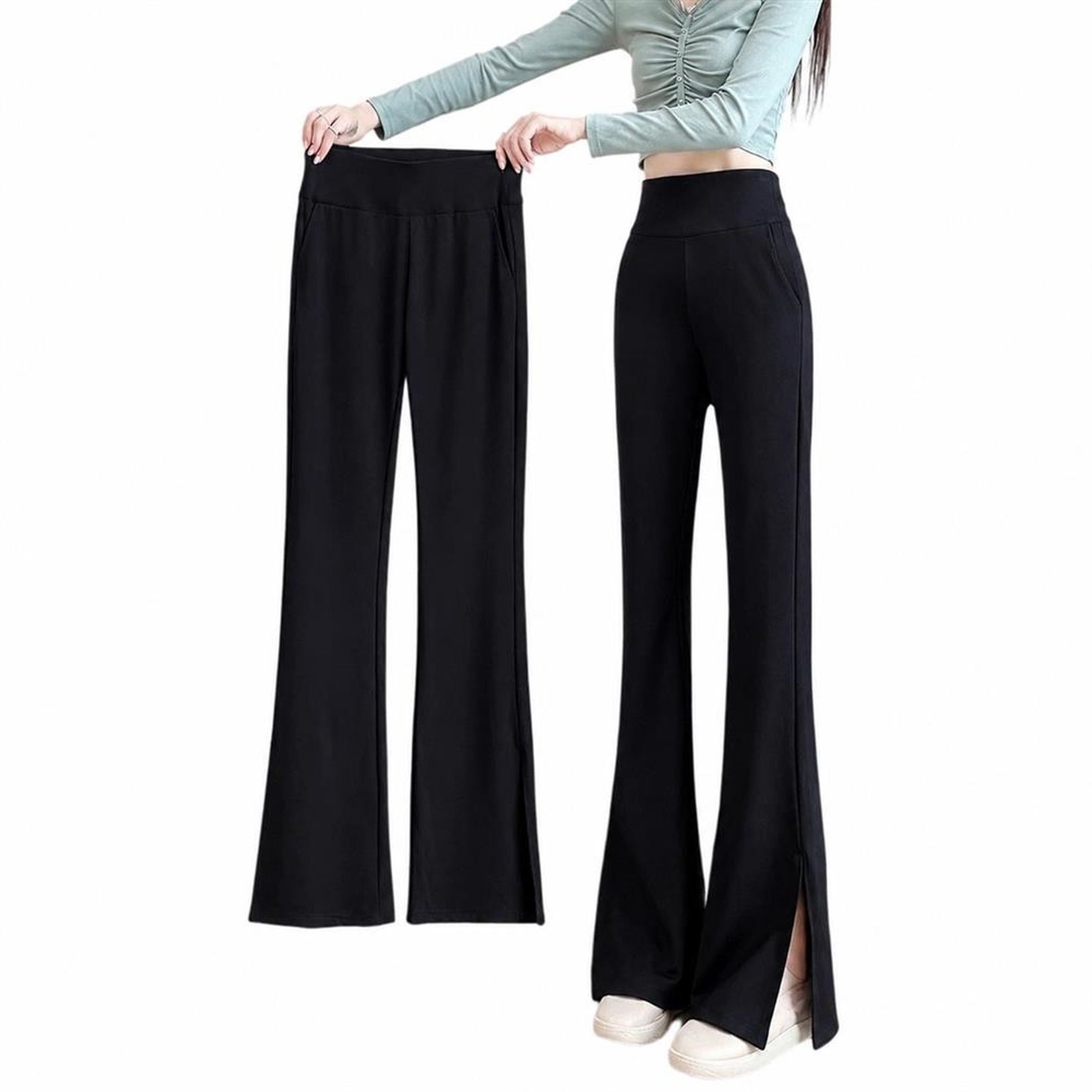 ブーツカットパンツ レディース ハイウエスト 裾スリット 美脚パンツ ウエストゴム とろみ感 落ち感 スリットパンツ 体型カバー 着痩せ｜Clover Rainbow